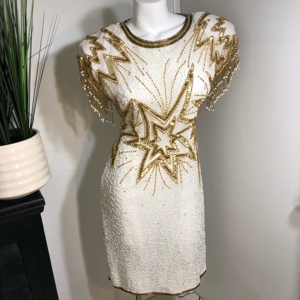 Vintage 80’s Casino Nites Silk Beaded Fringed & Embellished Glamorous Dress